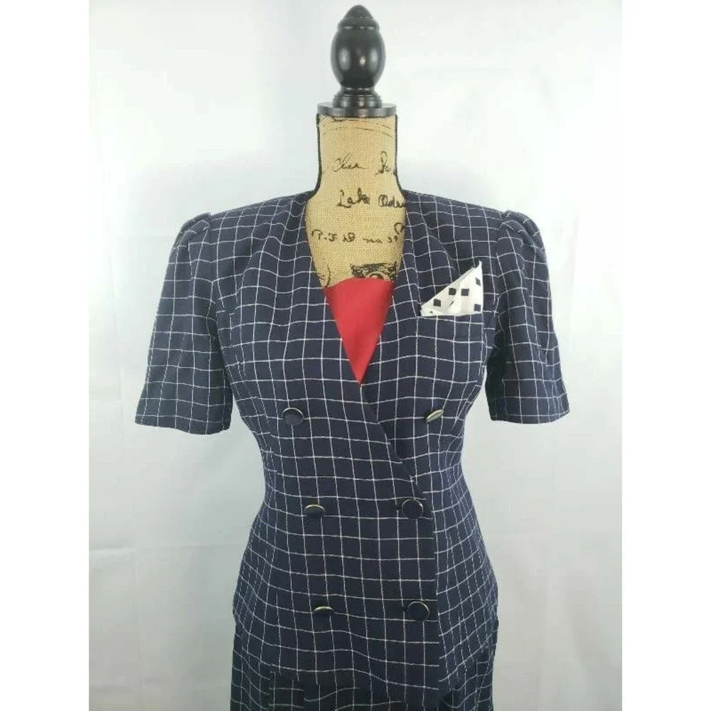 Kasper ASL Women wear Skirt Suit Blue Windowpane Lined Shoulder‎ -Padded 8/9 S54